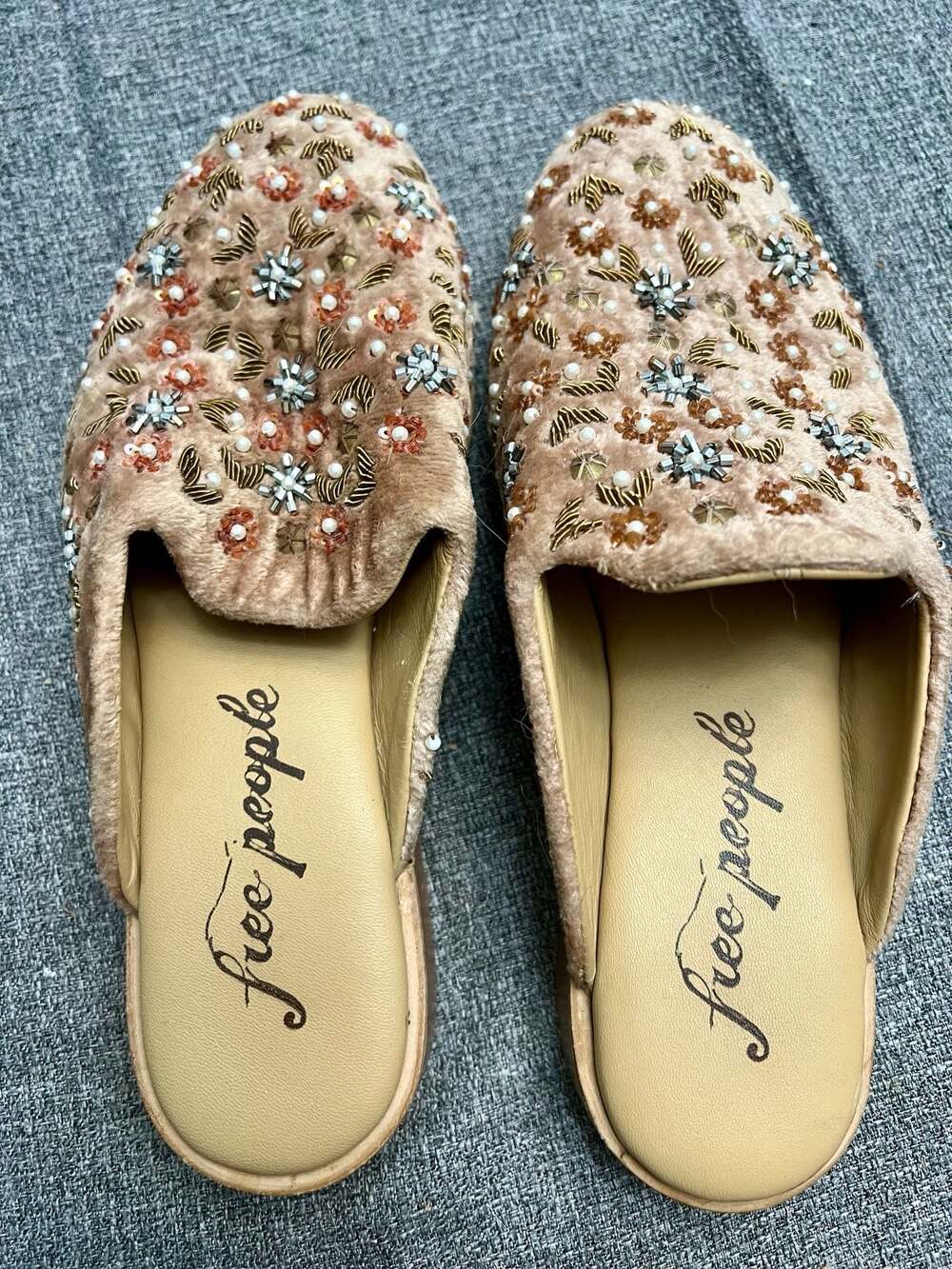 Free People At Ease Beaded Velvet Floral Mules Size 37